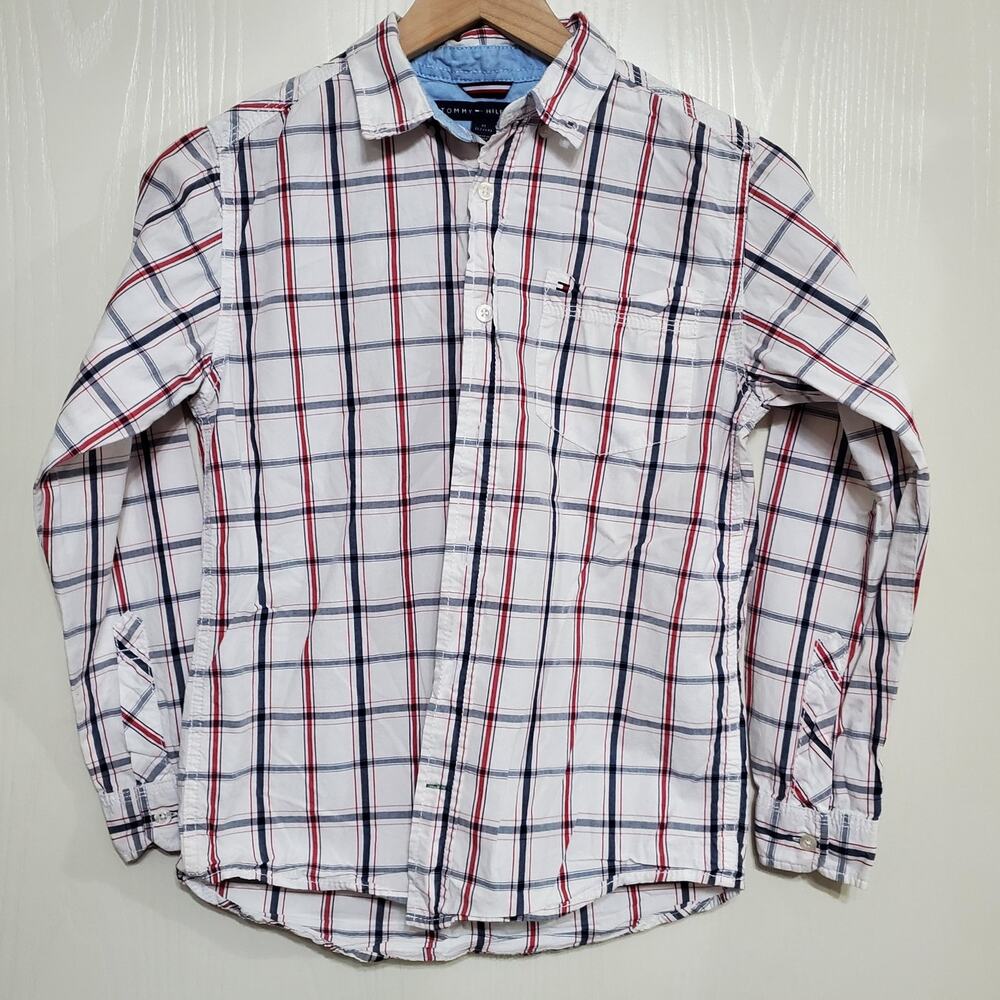 Tommy Hilfiger Button Down Long Sleeve Shirt Boys Medium White Blue Red Plaid